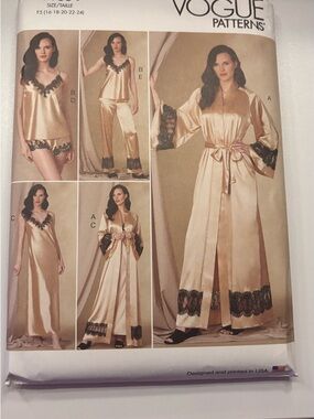 Vogue Champagne Satin Robe & Lingerie Set with Black Lace Trim